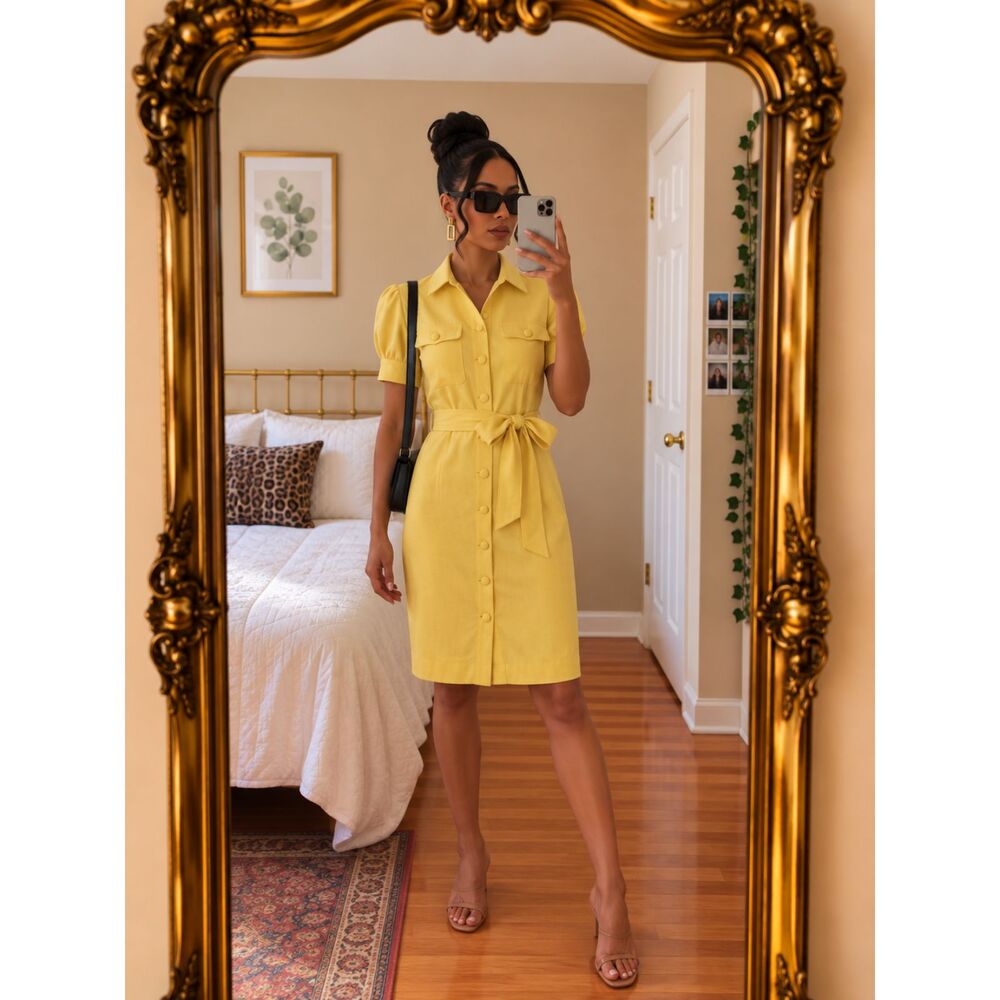 Boden Carrie Women's Size 6 Linen Shirt Dress Daffodil Yellow with Belted NWOT